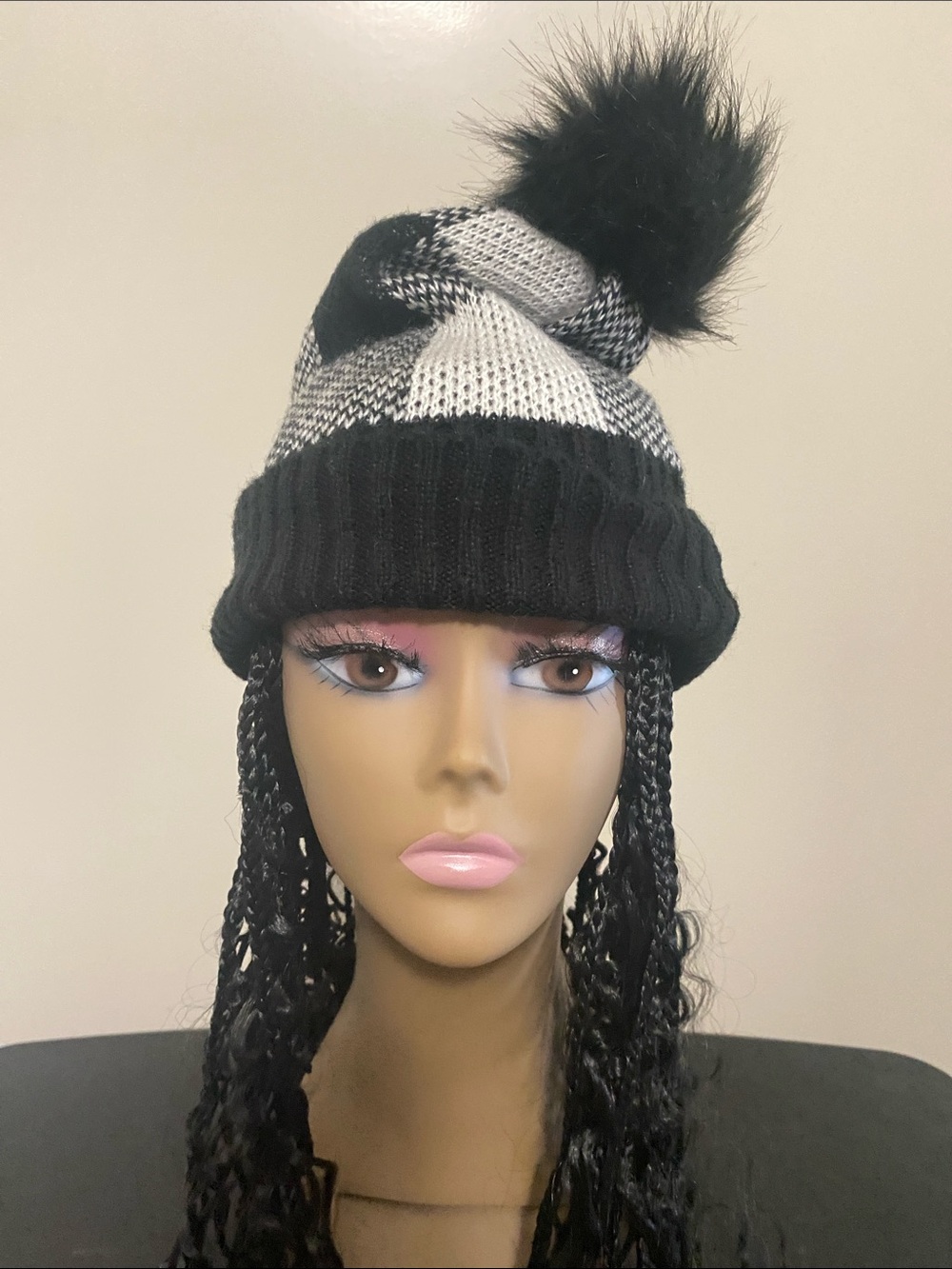 Lane Bryant Black and White Pom Pom Beanie Hat - Women Accessories